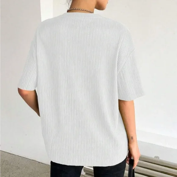 White oversized Ribbed textured tee shirt - Picture 3 of 5